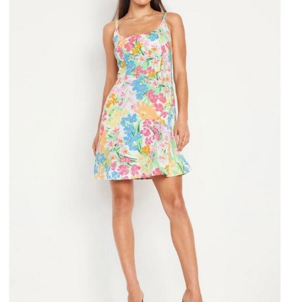 NWT Old Navy Linen Blend Pink/Orange Floral Fit & Flare Cami Mini Dress Size XS